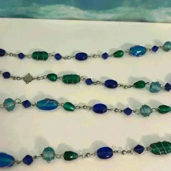 Blue Green Long Vintage Beaded Silver Tone Glass Necklace 30” - Picture 6 of 13